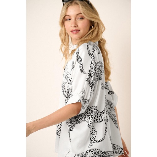 Beige Cheetah Print Buttoned Half Sleeve Shirt - M - Main Image