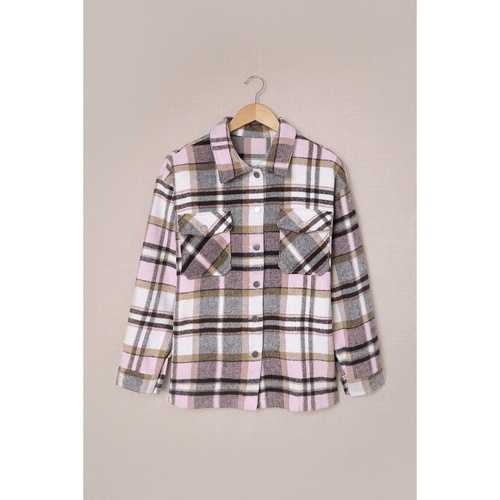 Azura Exchange Pink Geometric Plaid Print Pocketed Shacket - M - Main Image
