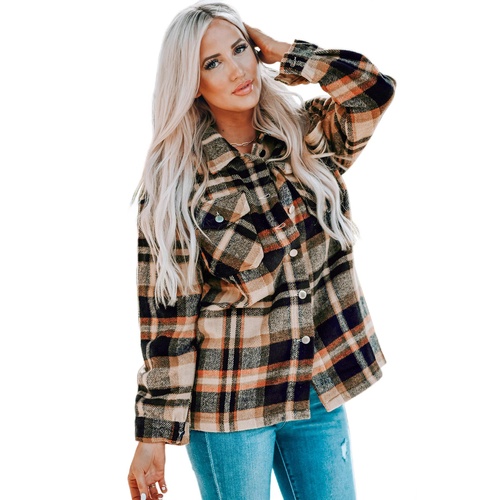 Orange Geometric Plaid Print Pocketed Shacket - L - Main Image