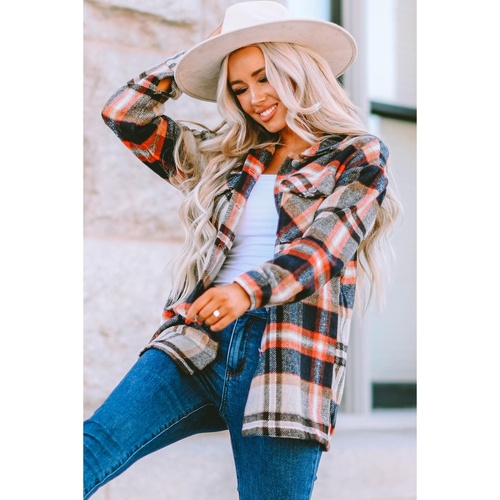 Azura Exchange Khaki Geometric Plaid Print Pocketed Shacket - M - Main Image