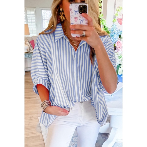 Sky Blue Stripe Dolman Sleeve Oversize Shirt - L - Main Image