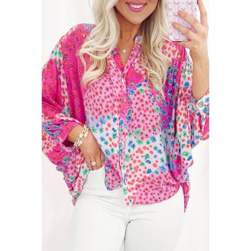 Rose Red Floral Allover Print Buttoned V Neck Oversized Shirt - S - Main Image