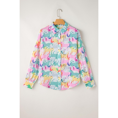 White Colorful Horse Printed Long Sleeve Button Up Casual Shirt - L - Main Image
