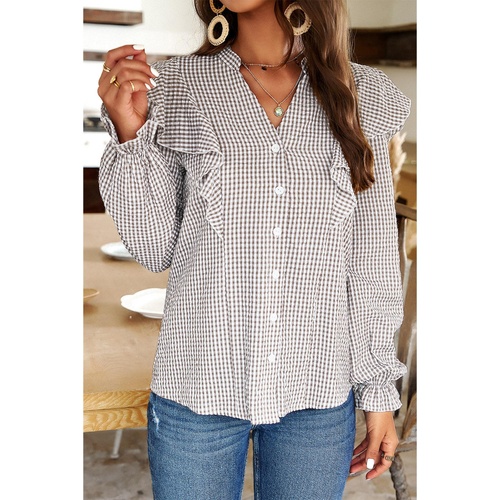 Brown Plaid Flounce Sleeve Notched Neck Ruffled Shirt - L - Main Image