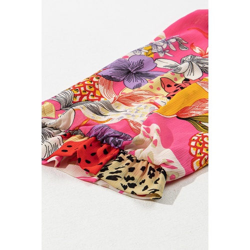 Red Abstract Floral Print Buttoned Ruffled Bubble Sleeve Shirt - XL - Main Image