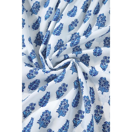 Sky Blue Boho Floral Printed Lantern Sleeve Frilled Neck Shirred Shirt - L - Main Image
