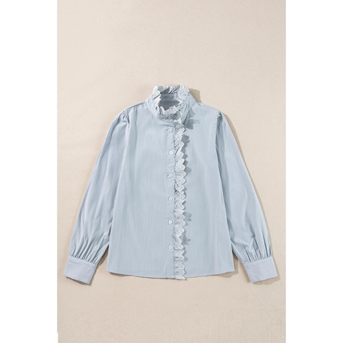 Sky Blue Stripe Frilled Trim Button Up Long Sleeve Shirt - L - Main Image