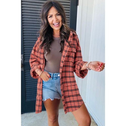 Red Plaid Long Sleeeve Side Split Distressed Hem Shirt - XL - Main Image