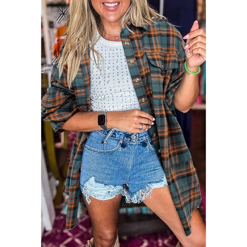 Green Plaid Long Sleeeve Side Split Distressed Hem Shirt - S - Main Image