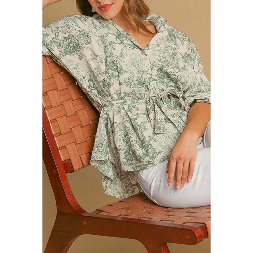 Green Landscape Print Tied 3/4 Sleeve Shirt with Sash - L - Main Image