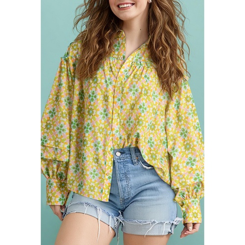 Green Boho Floral Print Frilly Detail Puff Sleeve Shirt - M - Main Image