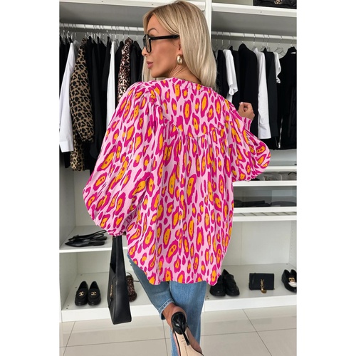 Rose Red Oversized Leopard Print Balloon Sleeve Casual Shirt - L - Main Image