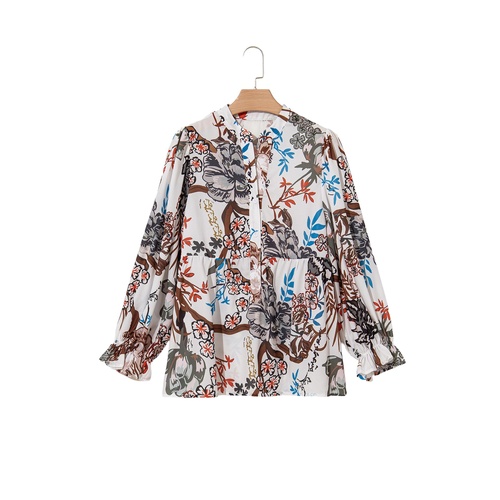 White Floral Print Balloon Sleeves Button Up Loose Casual Shirt - S - Main Image