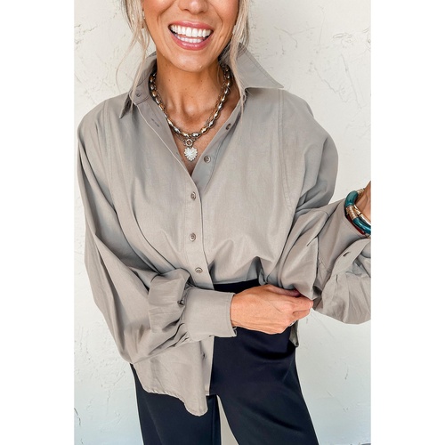 High Solid Color Balloon Sleeve Side Slits Loose Fit Shirt - L - Main Image