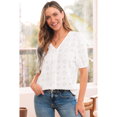 White Lace Puff Sleeve V Neck Button Up Shirt - M - Main Image