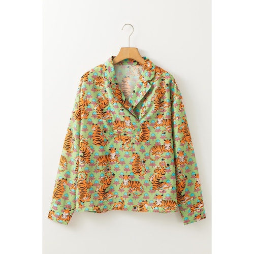 Green Tiger Floral Printed Collared V Neck Casual Shirt - L - Main Image