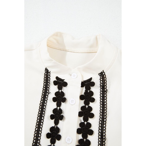 Beige Floral Embroidered Stand Neck Buttoned Shirt - M - Main Image