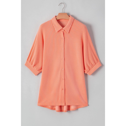 Grapefruit Orange Corded Half Sleeve Button Up High Low Hem Loose Shirt - S - Main Image