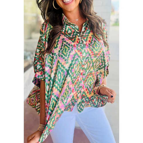 Dark Green Abstract Print Half Sleeve Button up Loose Shirt - L - Main Image
