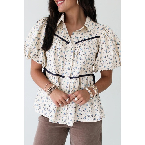 White Contrast Trim Floral Puff Short Sleeve Shirt - L - Main Image