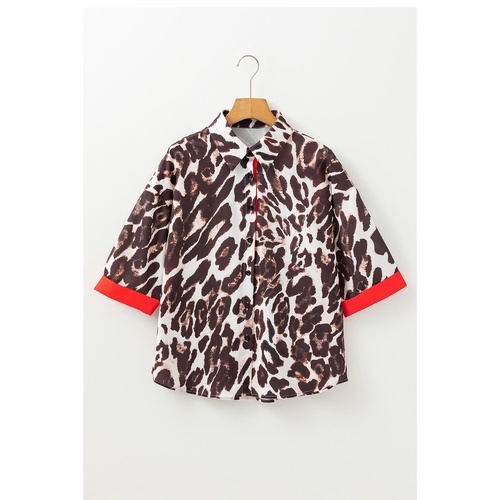 Dark Brown Contrast Trim Patchwork Leopard Print Half Sleeve Shirt - L - Main Image