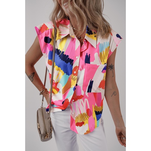 Multicolour Abstract Print Collared Cap Sleeve Casual Shirt - XL - Main Image