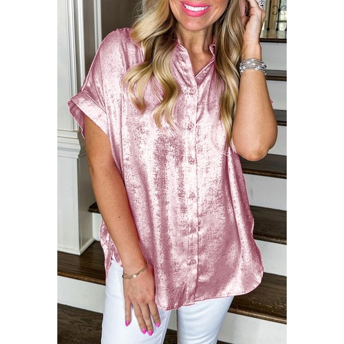 Pink Metallic Sheen Short Sleeve Buttoned Front Casual Shirt - L - Main Image
