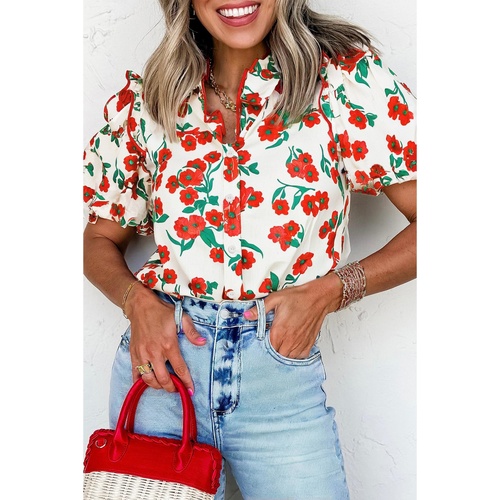 Red Floral Print Ruffled Puff Sleeve Elegant Summer Shirt - S - Main Image