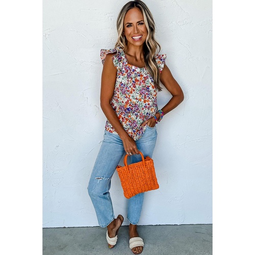 Rose Red Floral Square Neck Flutter Tank Top - L - Main Image