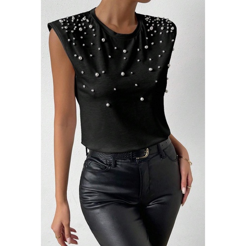 Black Pearls Beaded Shoulder Pad Crew Neck Tank Top - L - Main Image
