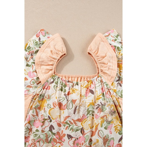Apricot Pink Floral Patchwork Square Neck Ruffle Sleeve Blouse - M - Main Image