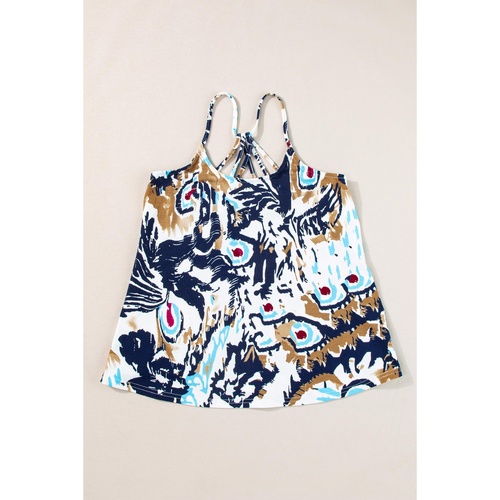 Beige Floral Spaghetti Straps Strappy Back Tank Top - M - Main Image