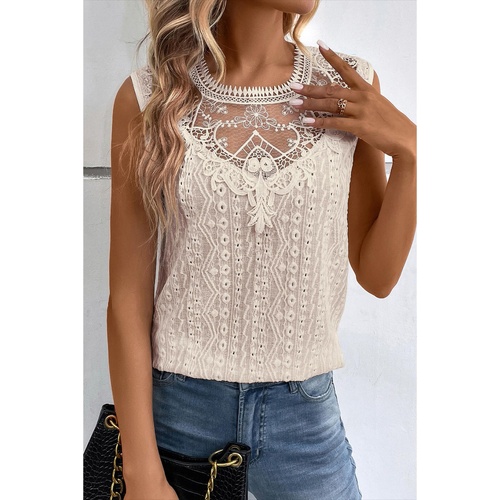 Apricot Guipure Lace Crochet Keyhole Back Tank Top - M - Main Image