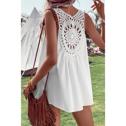 White Bohemian Crochet Patchwork Sleeveless Tunic - S - Main Image