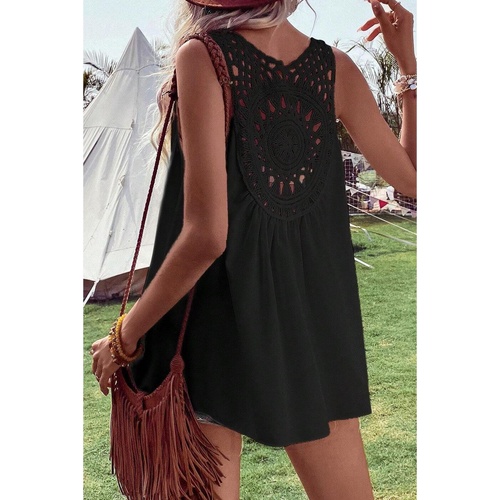 Black Bohemian Crochet Patchwork Sleeveless Tunic - S - Main Image