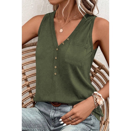 Jungle Green Half Button V Neck Patched Pocket Tank Top - L - Main Image