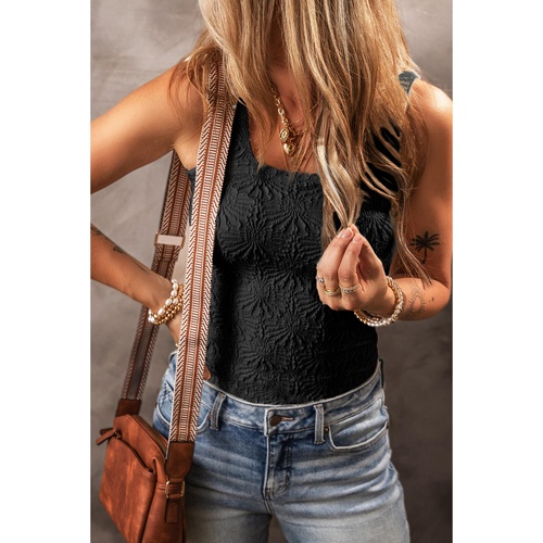 Black Floral Jacquard Square Neck Tank Top - S - Main Image
