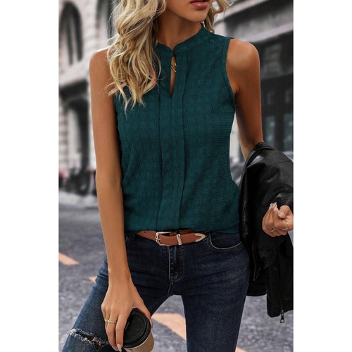 Sea Green Lattice Textured Split Neck Tank Top - M - Main Image