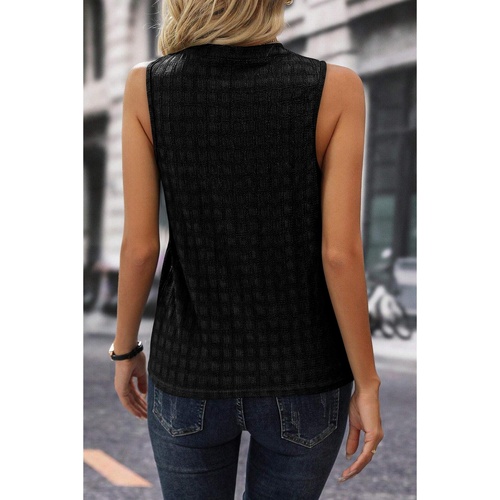 Black Lattice Textured Split Neck Tank Top - S - Main Image