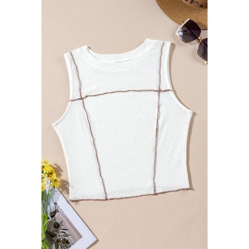White Contrast Seams Ribbed Tank Top - XL - Main Image