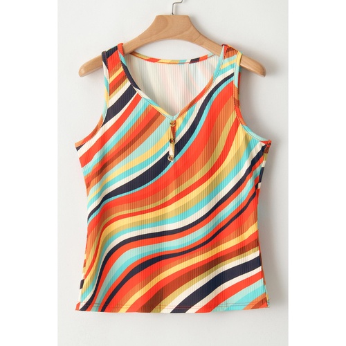 Multicolour Wavy Striped Buttoned V Neck Tank Top - S - Main Image