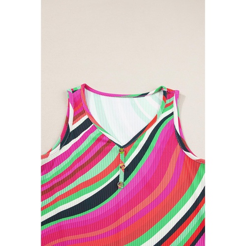 Purple Wavy Striped Buttoned V Neck Tank Top - L - Main Image