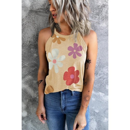 Khaki Flower Print Round Neck Tank - M - Main Image