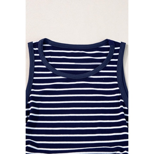 Blue Stripe Contrast Round Neck Sleeveless Slim Top - L - Main Image