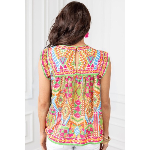 Orange Geometric Print Ruffled Trim Tank Top - M - Main Image