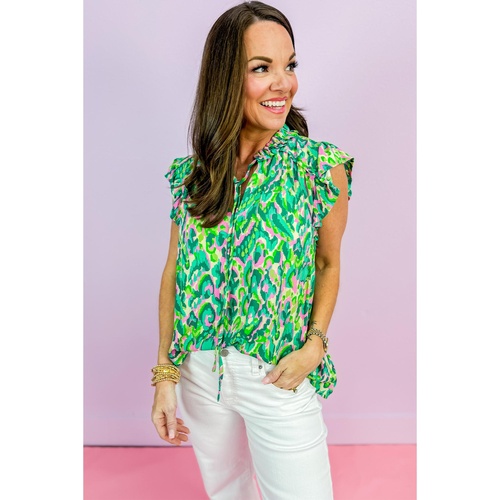 Green Abstract Print Ruffled Trim Tied Split Neck Tank Top - L - Main Image
