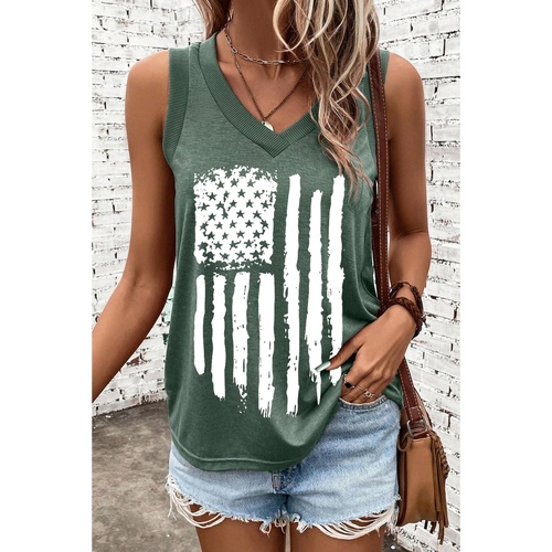 Mist Green Frayed American Flag Printed V Neck Tank Top - L - Main Image