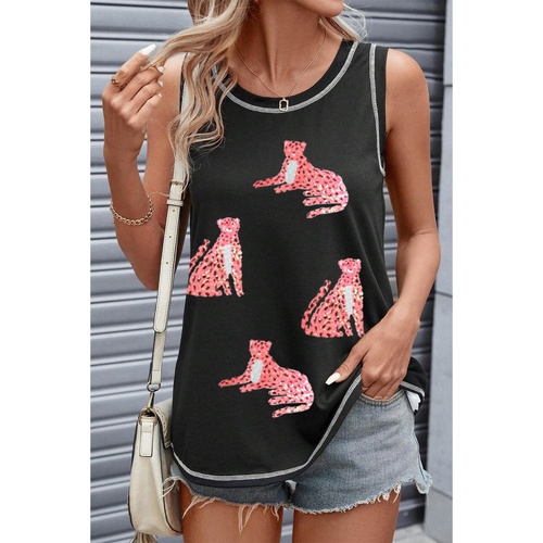 Black Sequin Cheetah Round Neck Stitching Loose Tank Top - S - Main Image