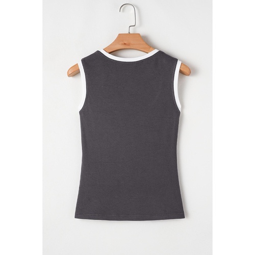 Carbon Grey Ribbed Knit Colorblock Edge U Neck Slim Fit Tank Top - L - Main Image