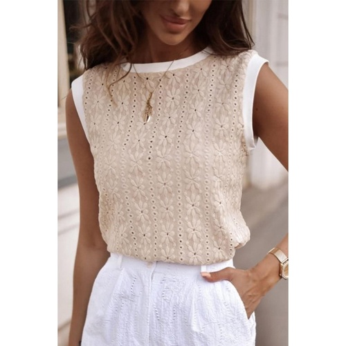 Oatmeal Floral Textured Crew Neck Tank Top - L - Main Image